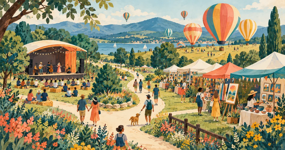 Illustrated outdoor weekend fair with an arts market, stage and balloons