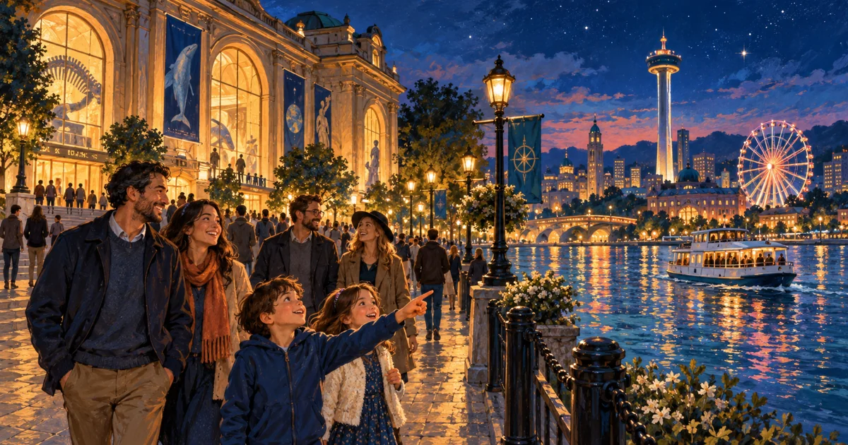 Illustration of families enjoying a waterfront museum and city lights at night