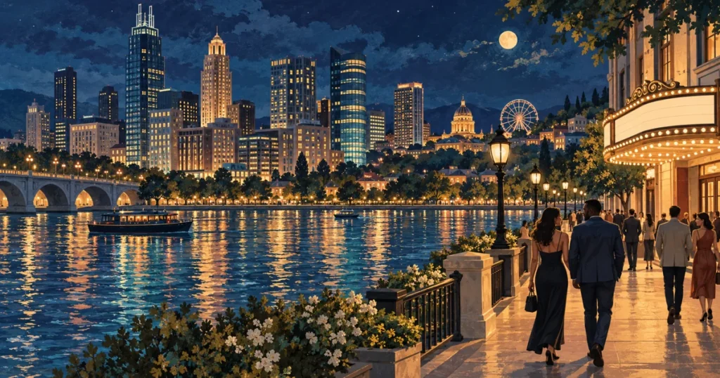 Illustration of an illuminated fictional city skyline and riverside promenade