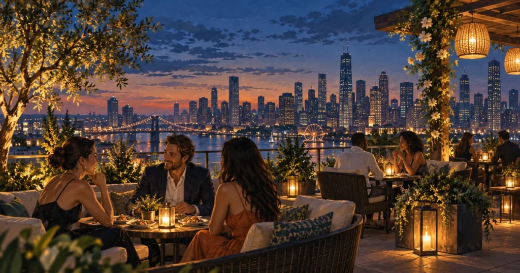 Illustration of a rooftop terrace overlooking a fictional city at twilight