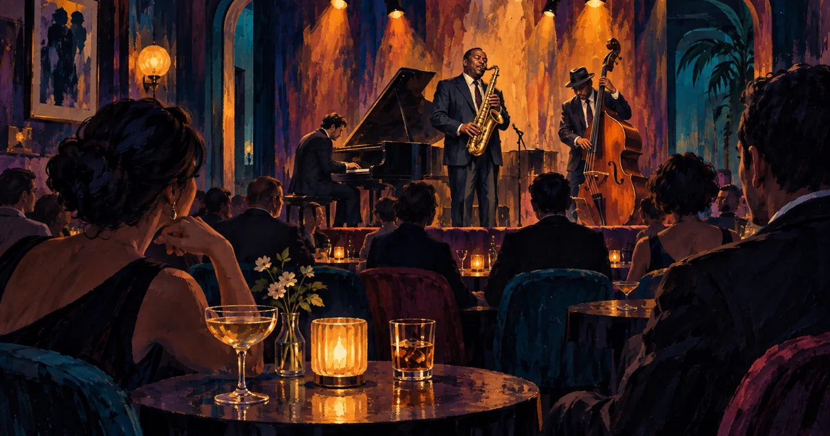 Illustration of a jazz trio performing for an adult lounge audience