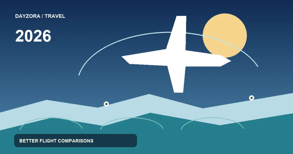 Airplane crossing a blue sky above an abstract flight route and airport markers.