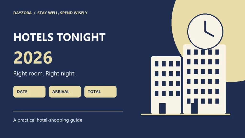 Nighttime hotel illustration with a clock and same-day booking checklist