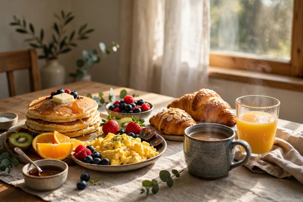 Weekend brunch table spread at home
