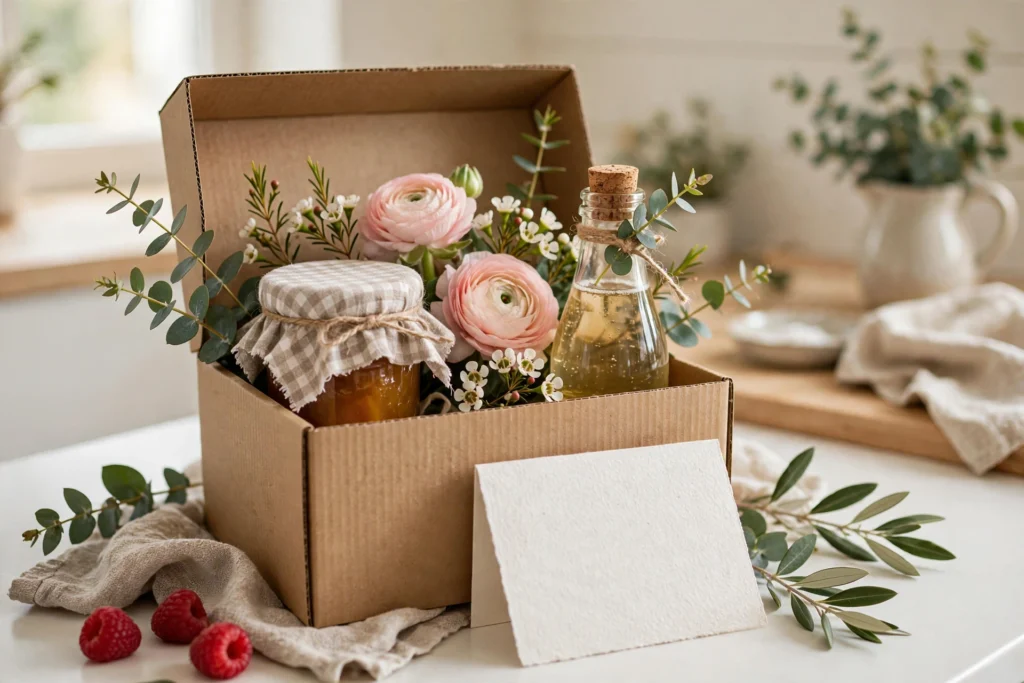 Curated brunch gifts for hosts arranged on a table