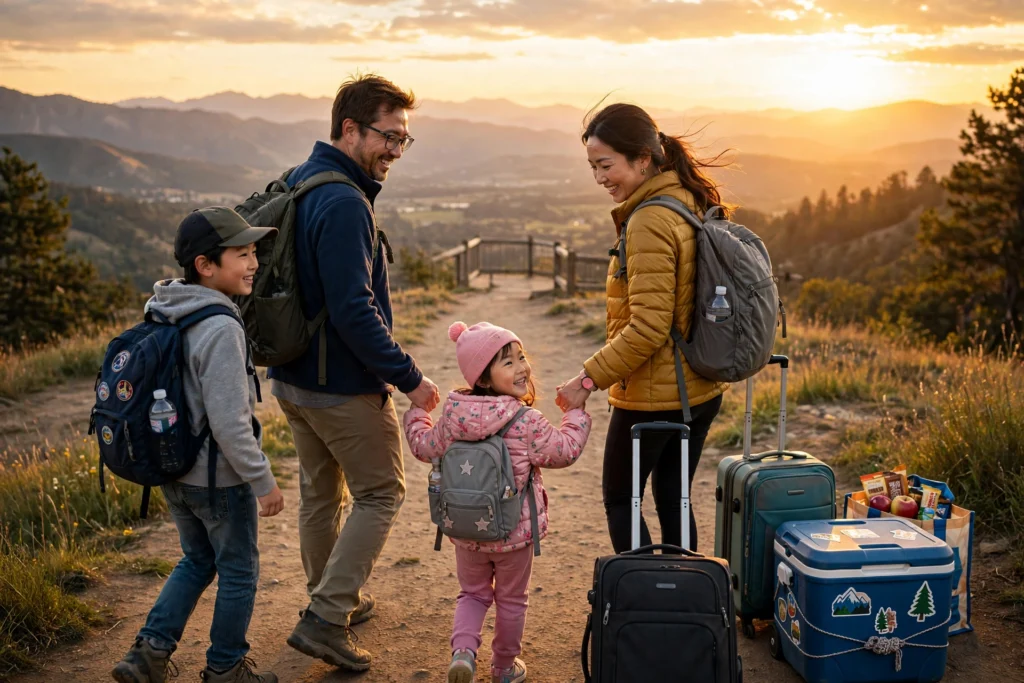 Happy family of four with backpacks walking toward scenic overlook at golden hour