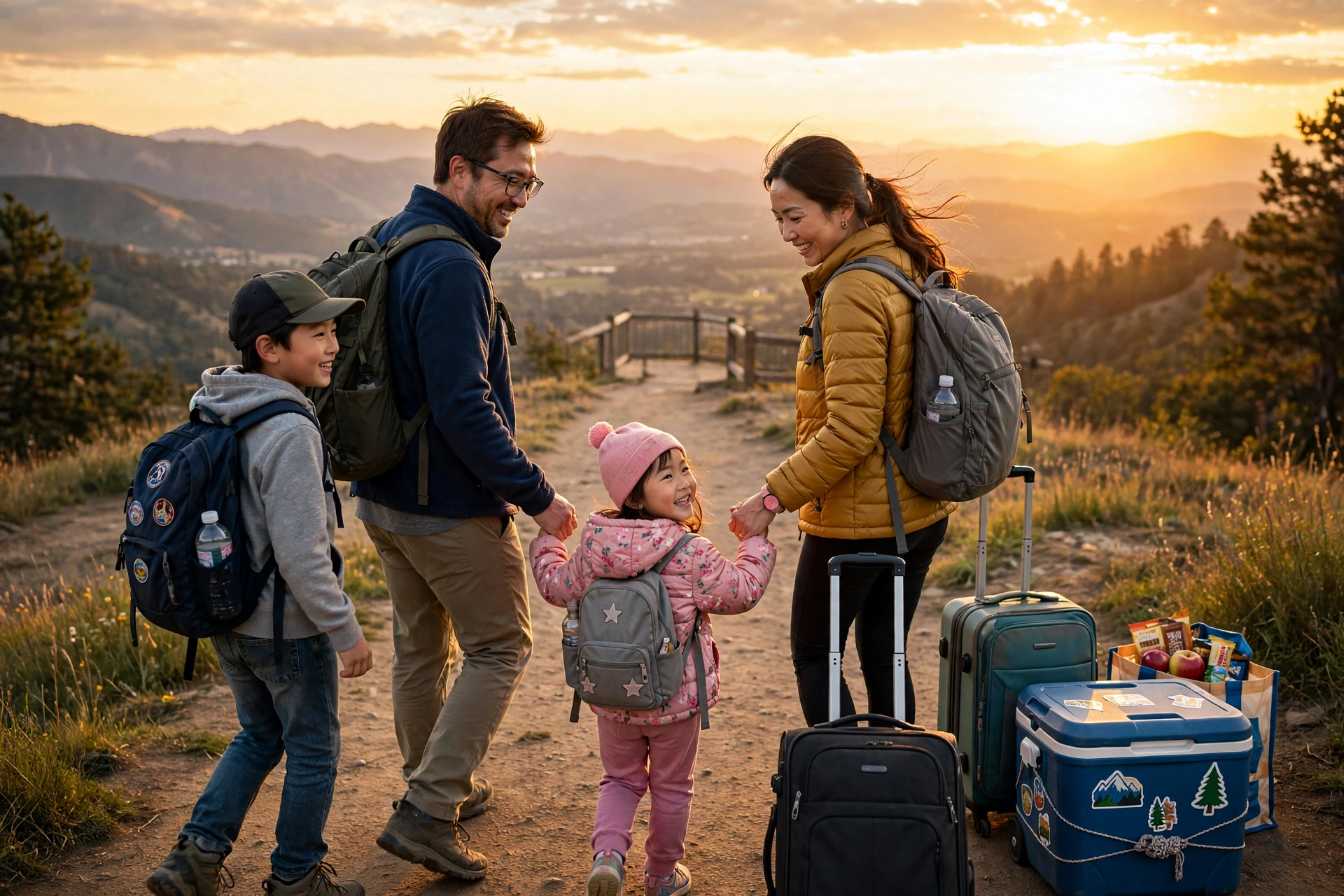 Happy family of four with backpacks walking toward scenic overlook at golden hour