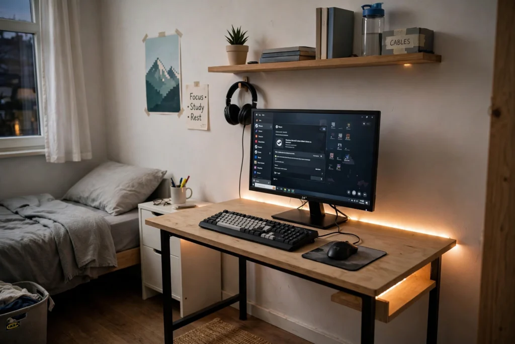 Budget gaming setup under 500 dollars in a cozy room