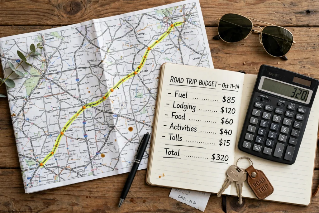 Top-down flat-lay of road trip budgeting with map calculator notebook car keys and sunglasses
