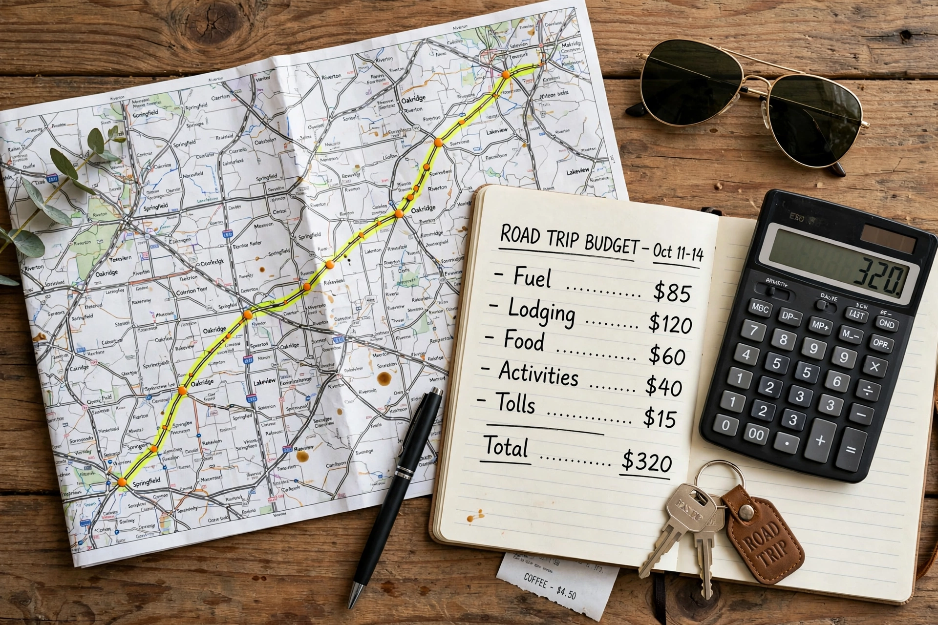 Top-down flat-lay of road trip budgeting with map calculator notebook car keys and sunglasses