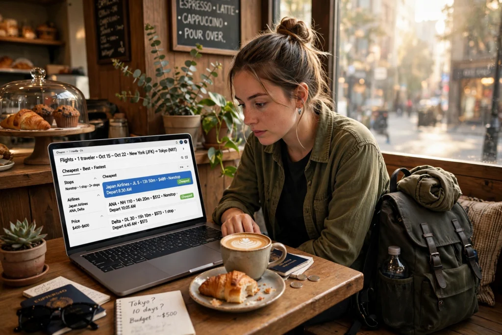 Traveler comparing flight prices on a laptop at a cozy cafe
