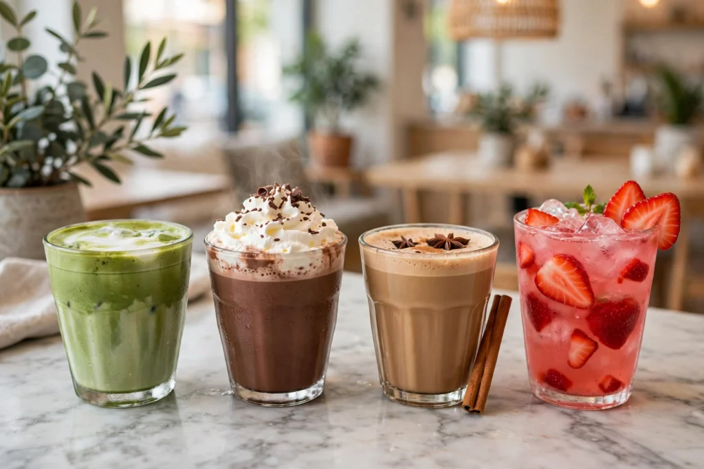 Matcha latte and chai latte side by side on a cafe table