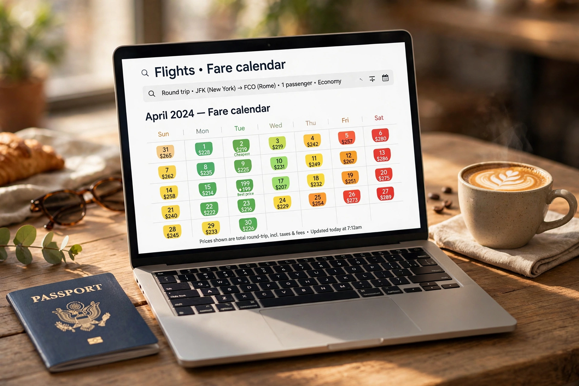 Laptop showing flight search with fare calendar prices passport and coffee