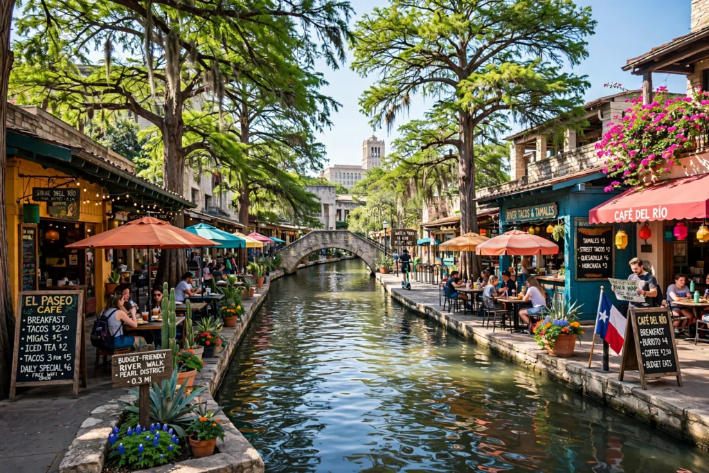 Sunlit River Walk in San Antonio with colorful riverside cafes