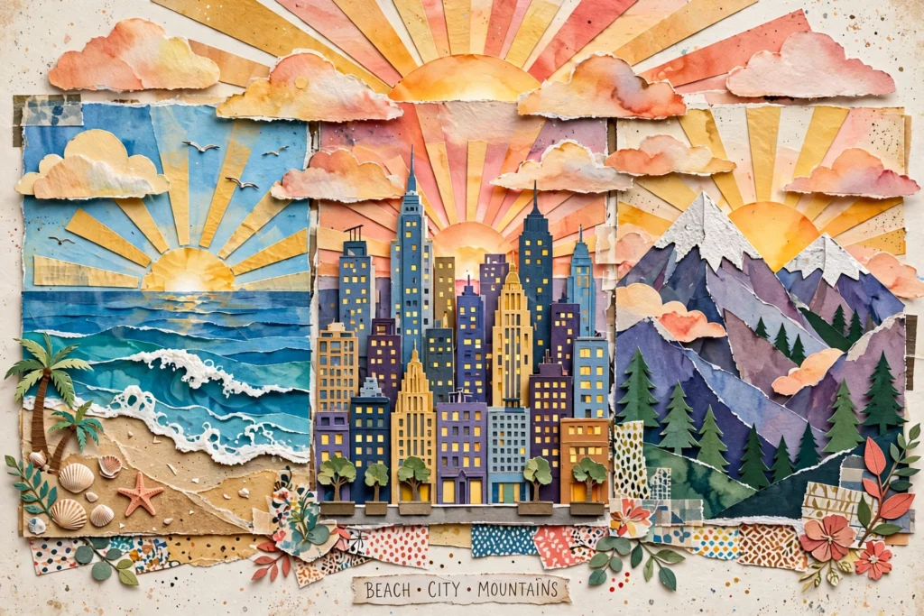 Collage of beach city skyline and mountain peaks under sunrise
