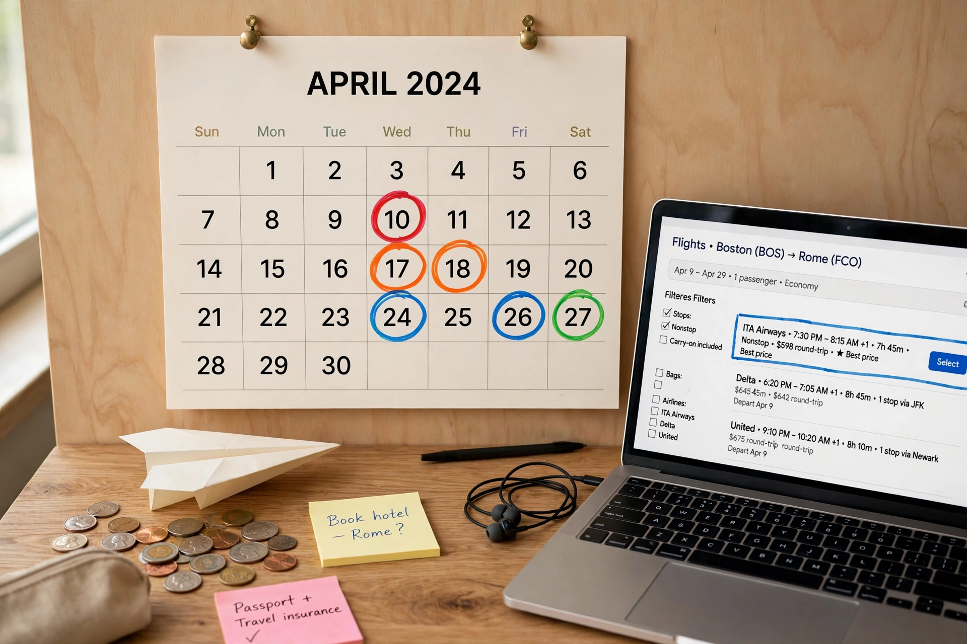 Wall calendar with travel dates circled paper airplane and coins beside laptop showing flight search