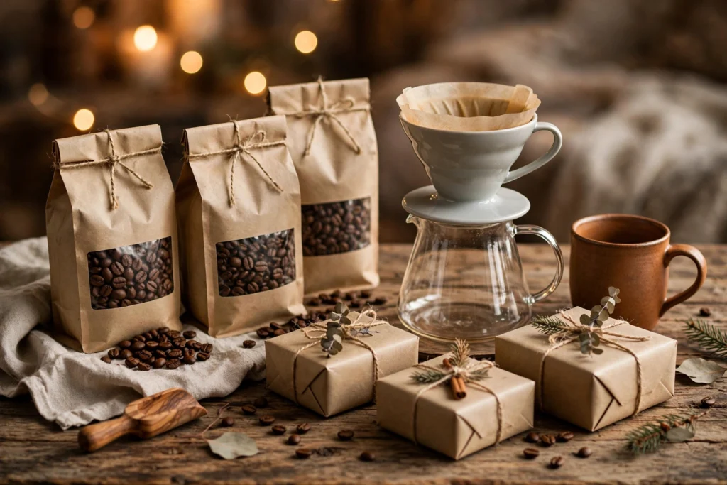 Coffee gift box with artisan beans and ceramic mug