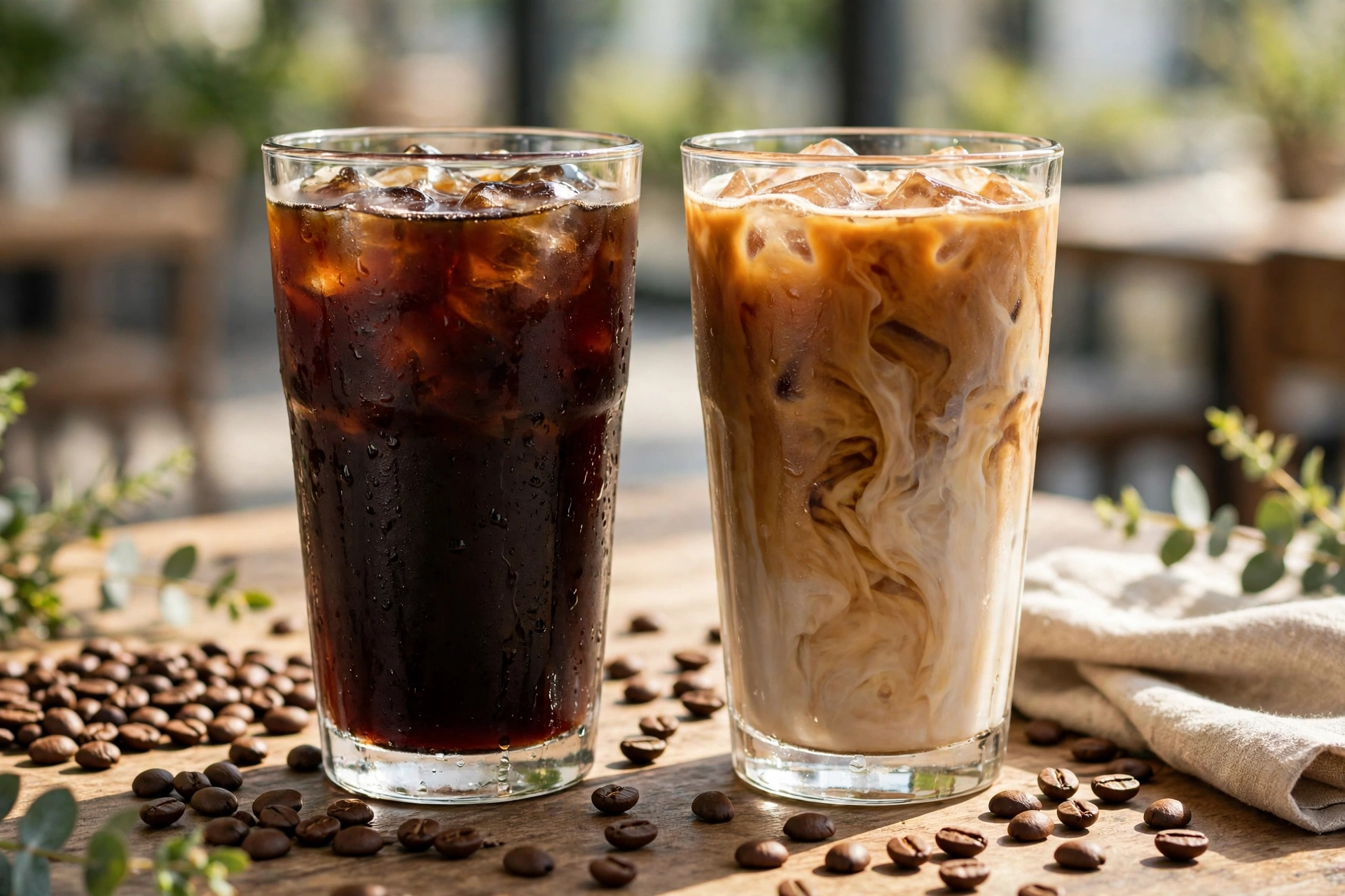 Cold brew and iced coffee glasses side by side on a cafe table