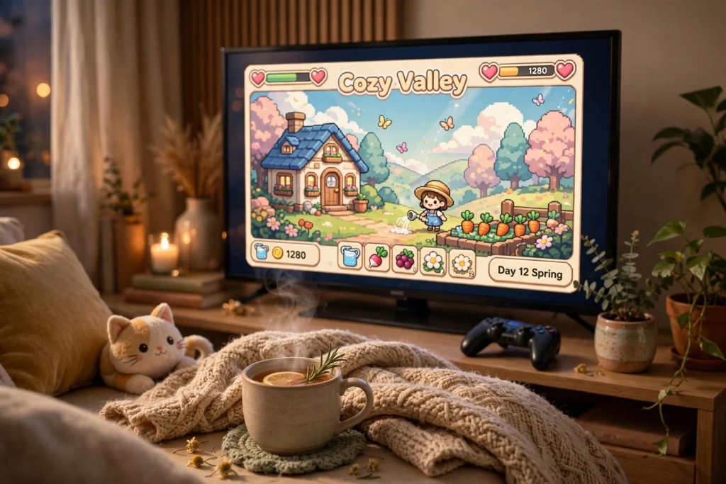 Cozy video games for beginners on a TV in a warm living room