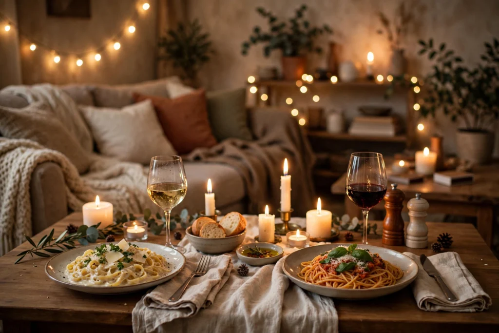Couple enjoying a romantic date night dinner at home