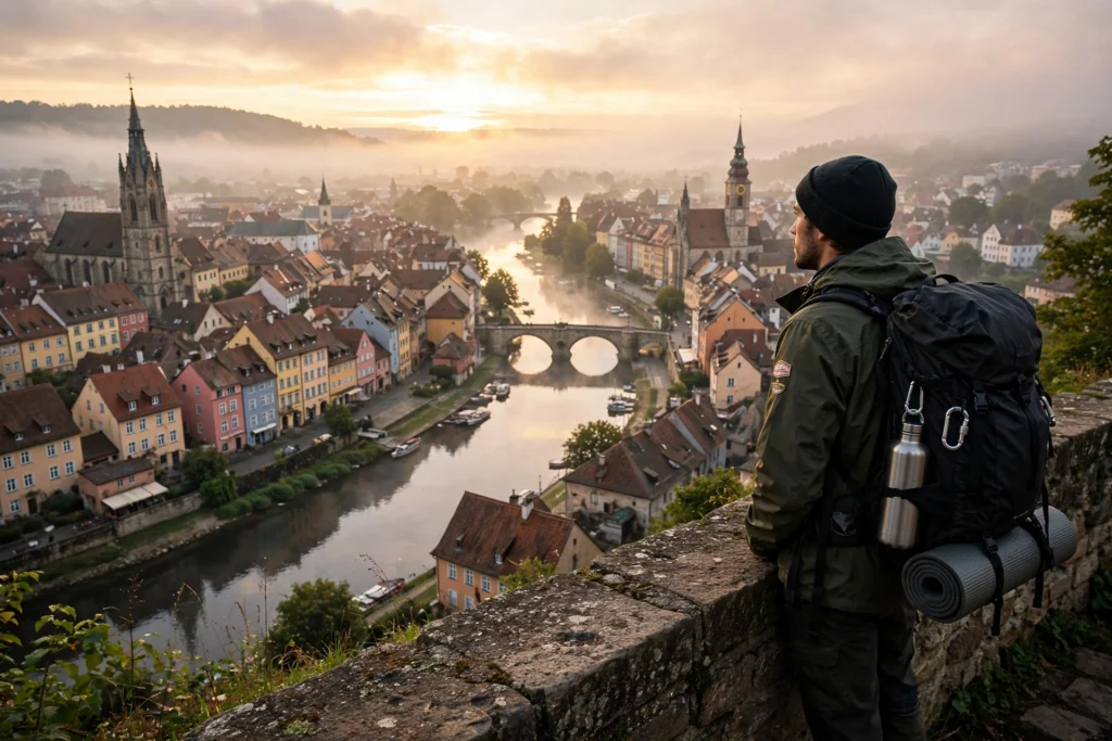 Budget traveler with backpack overlooking scenic European old town at sunrise with river and church spires