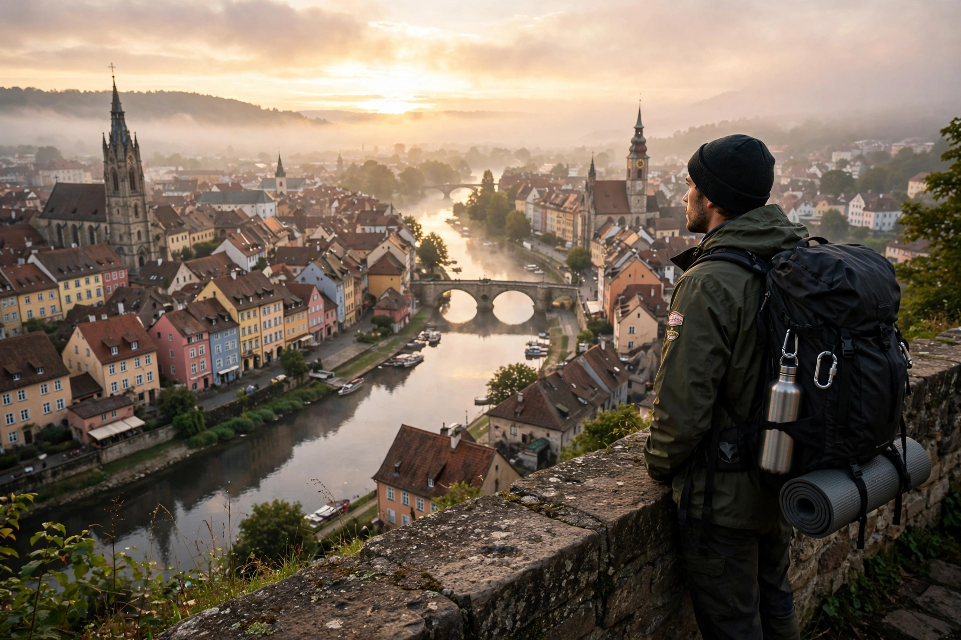 Budget traveler with backpack overlooking scenic European old town at sunrise with river and church spires
