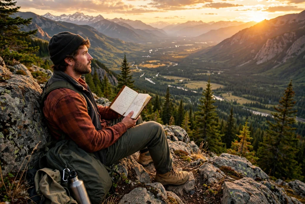 Traveler sitting on rocky overlook at golden hour with journal and mountain valley view