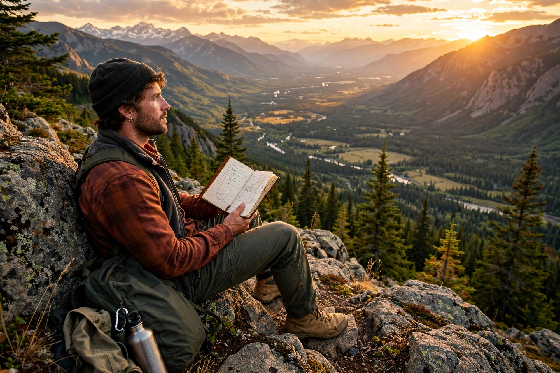 Traveler sitting on rocky overlook at golden hour with journal and mountain valley view
