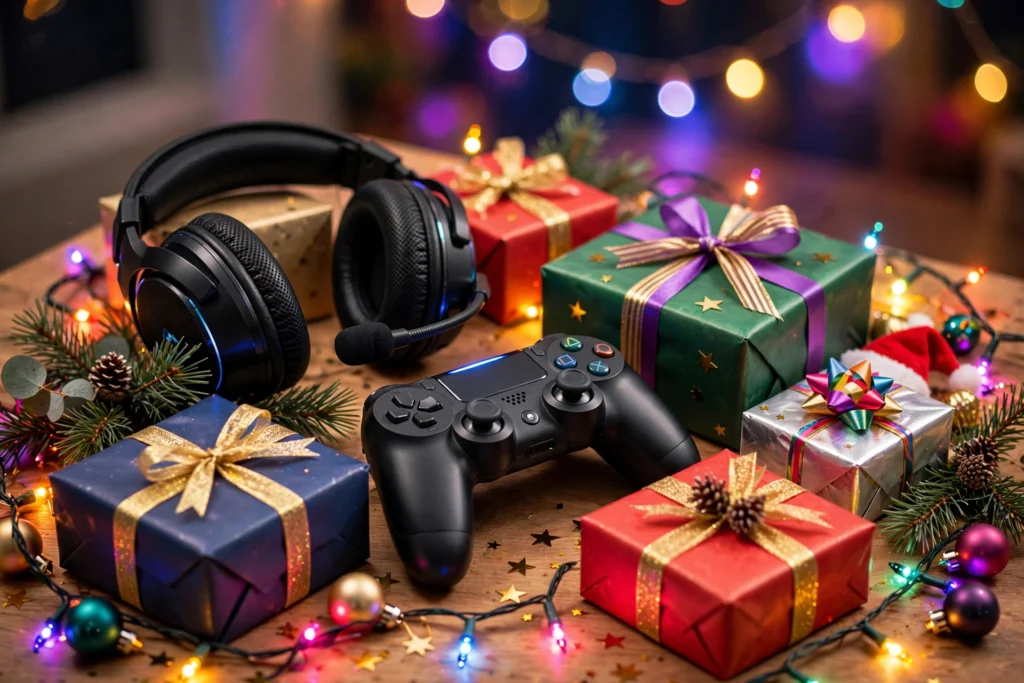 Best gaming gifts for gamers arranged in a festive flat lay