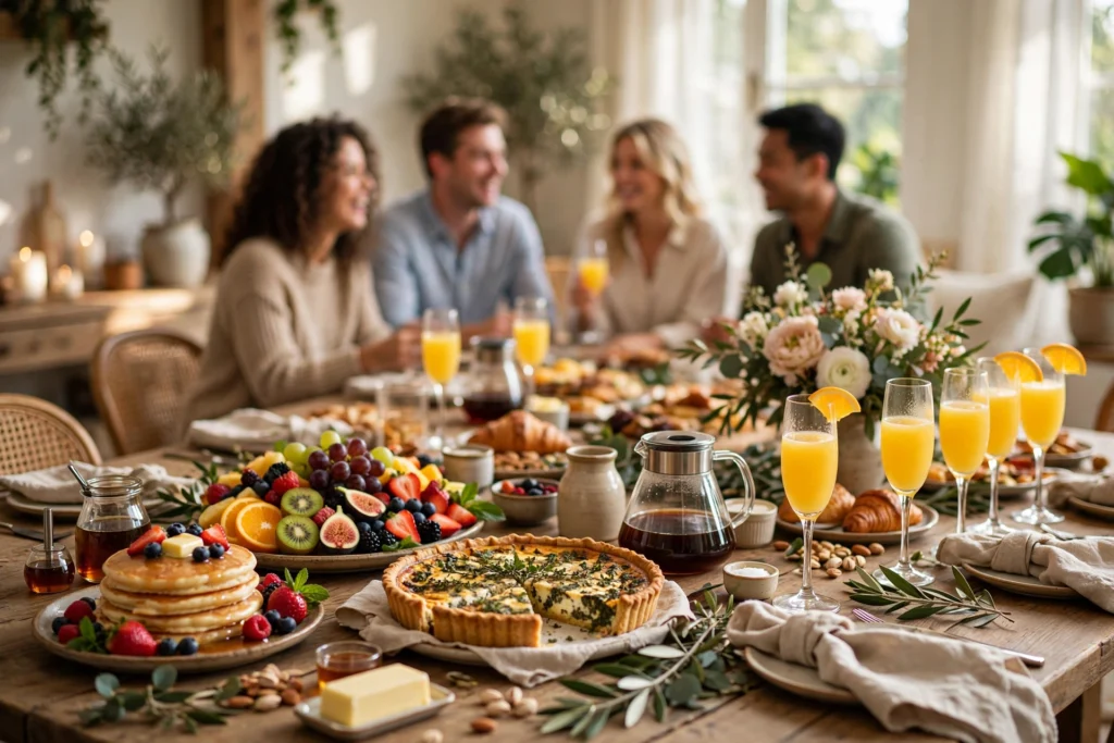 Festive brunch party table spread with pancakes and flowers