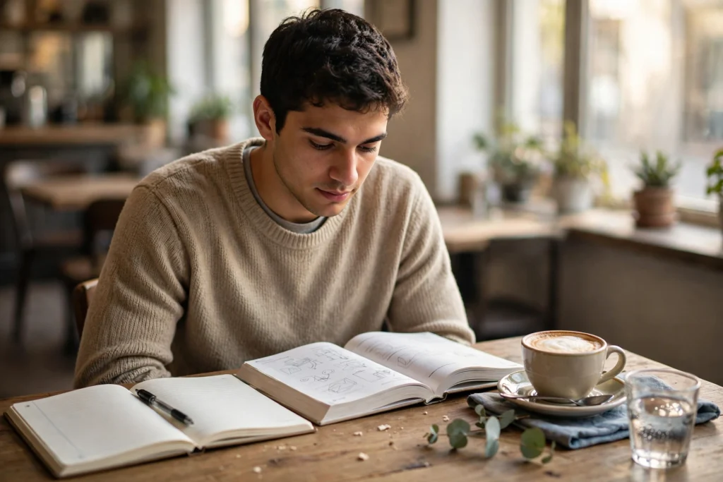 Student studying with notebook and latte in a sunny cafe