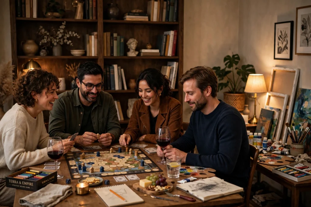 Adult enjoying indoor activities at home with crafts and cozy setup