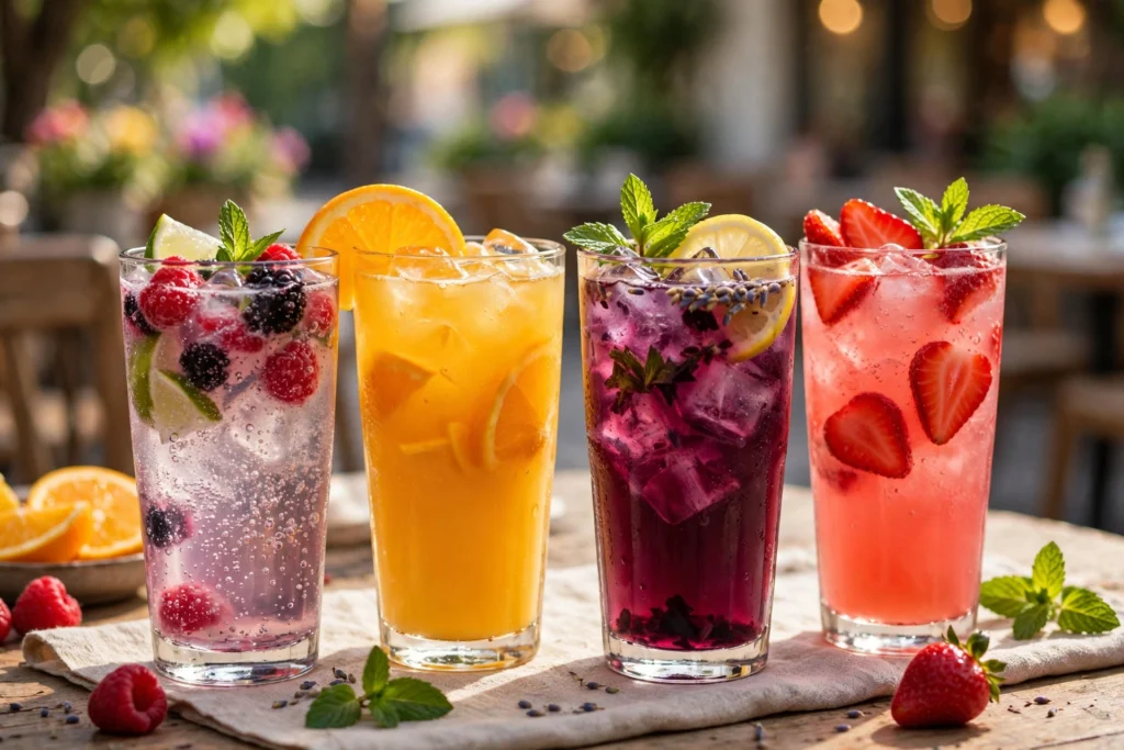 Colorful non-alcoholic brunch mocktails on a sunny table