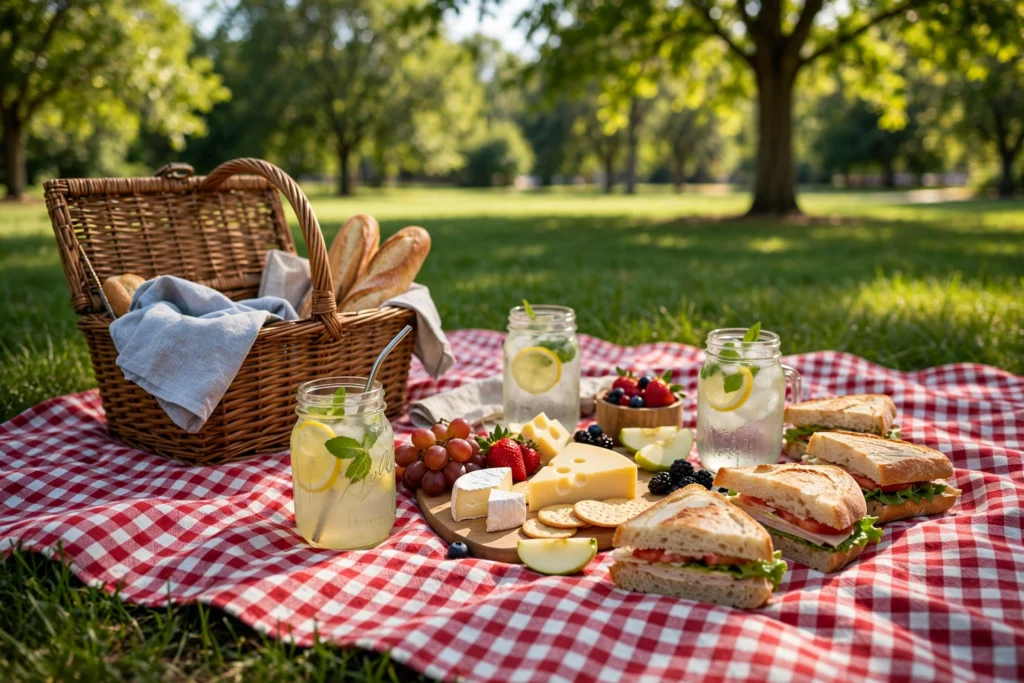 Picnic spread with food on checkered blanket