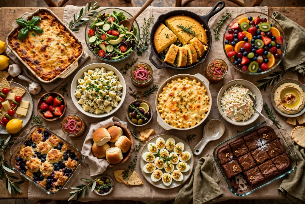 Potluck buffet table with shared dishes