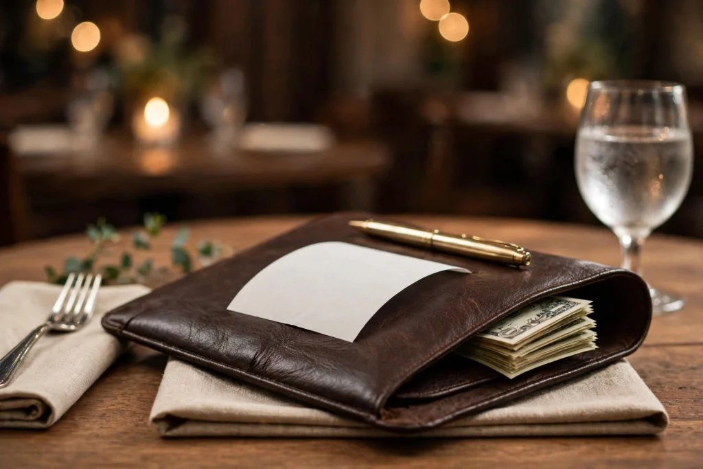 Restaurant table with bill folder and tip