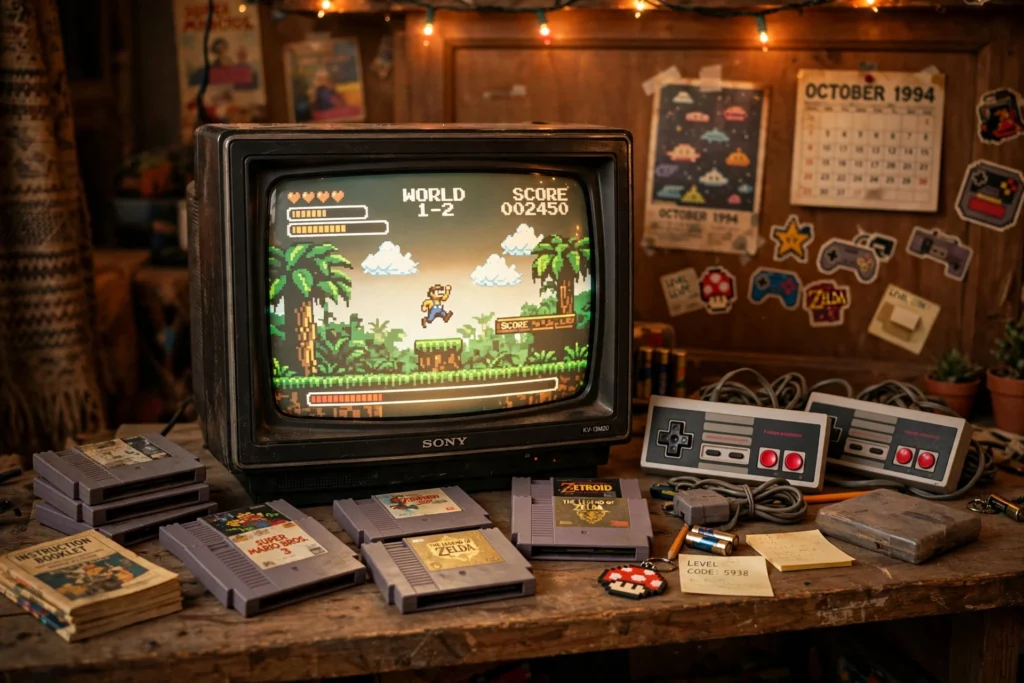 Retro gaming setup with classic console and CRT TV