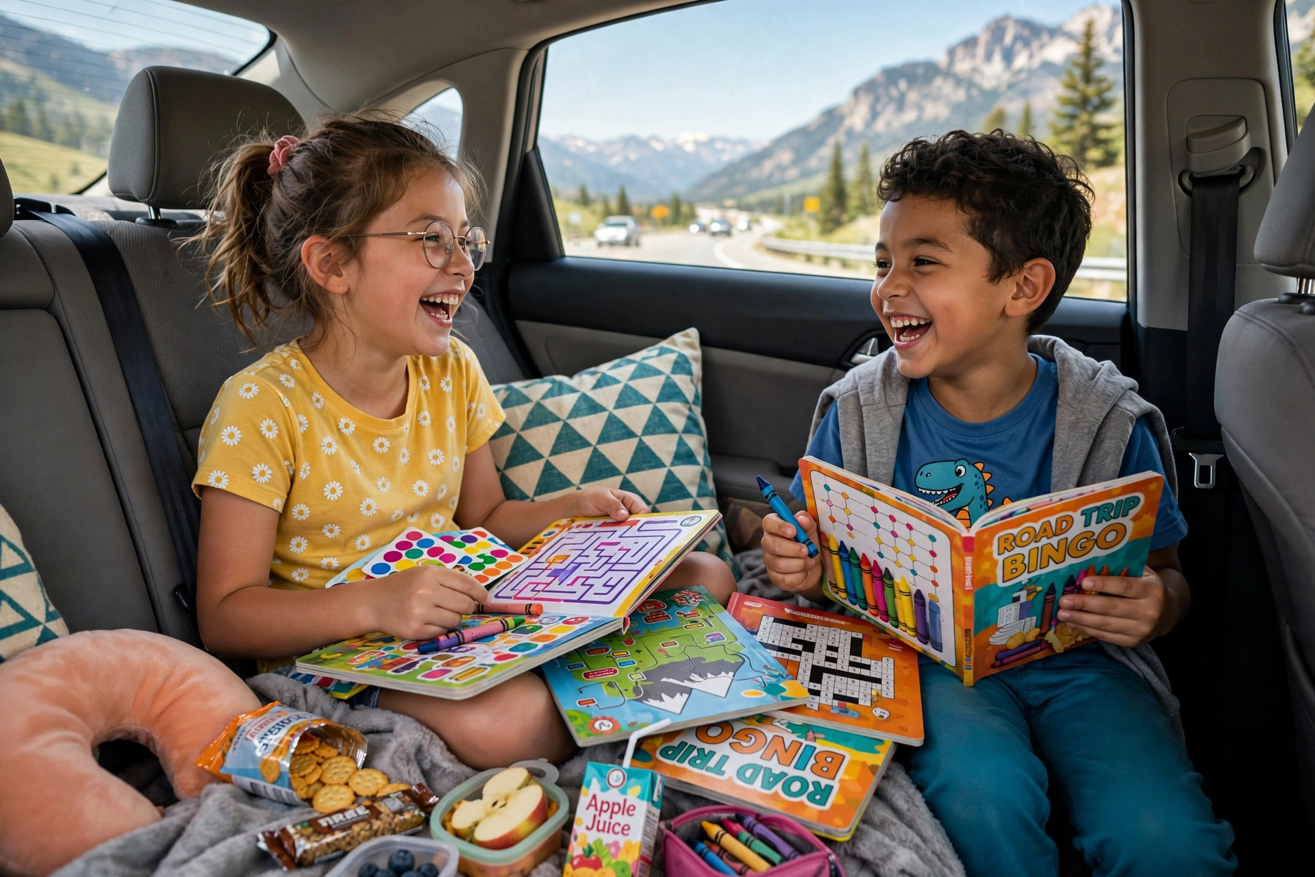 Family playing road trip games in the car on a highway drive