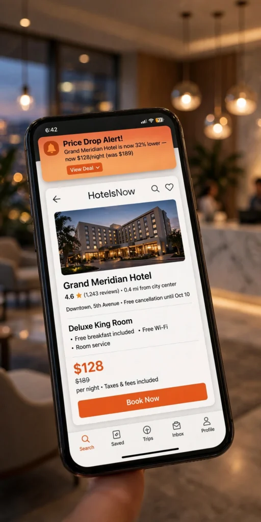 Smartphone showing hotel booking app with price-drop alert in hotel lobby