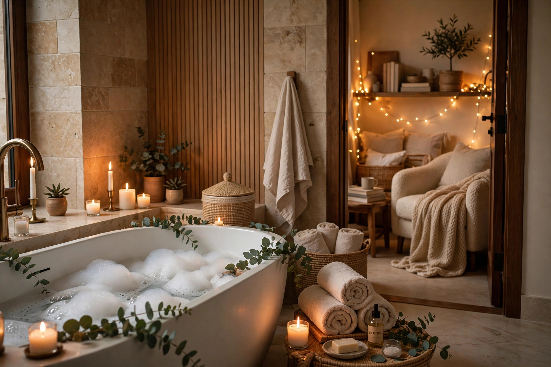 Cozy staycation setup at home with blankets candles and coffee