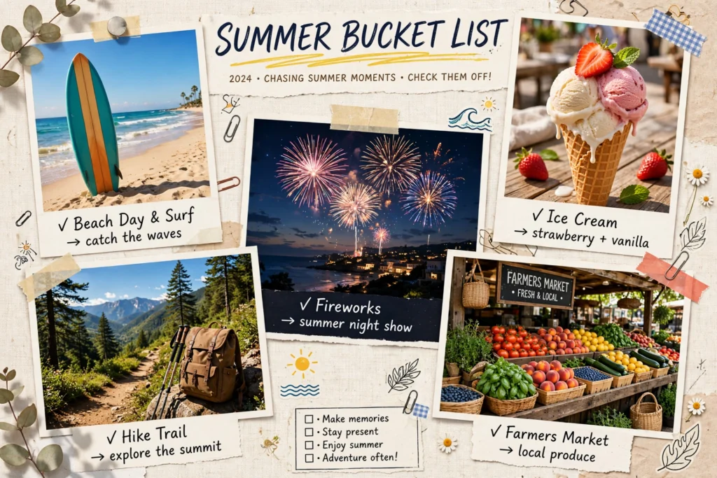 Summer bucket list ideas on a colorful chalkboard with beach items