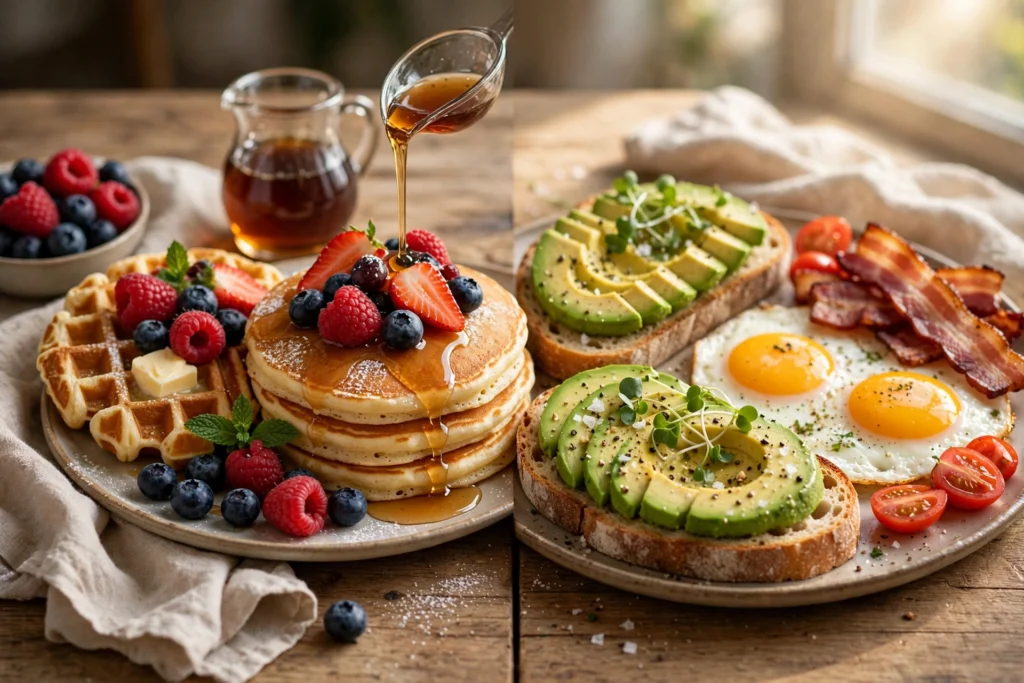 Sweet vs savory brunch spread with pancakes and frittata