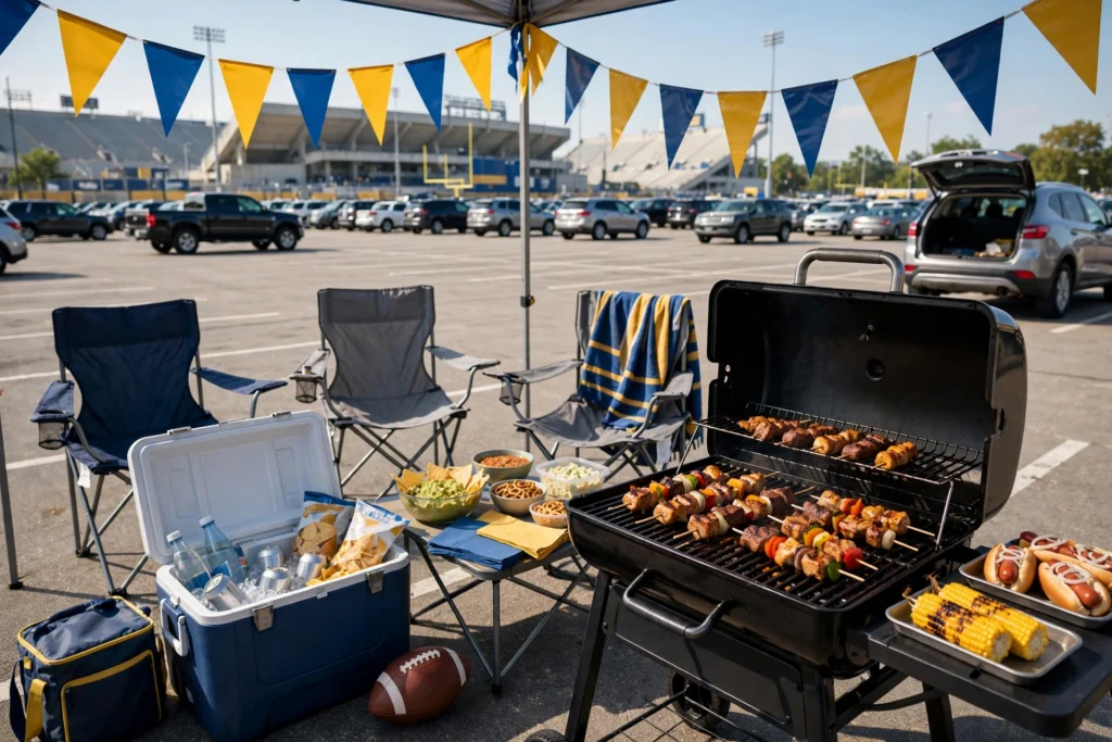 Tailgate party setup with grill in stadium parking lot
