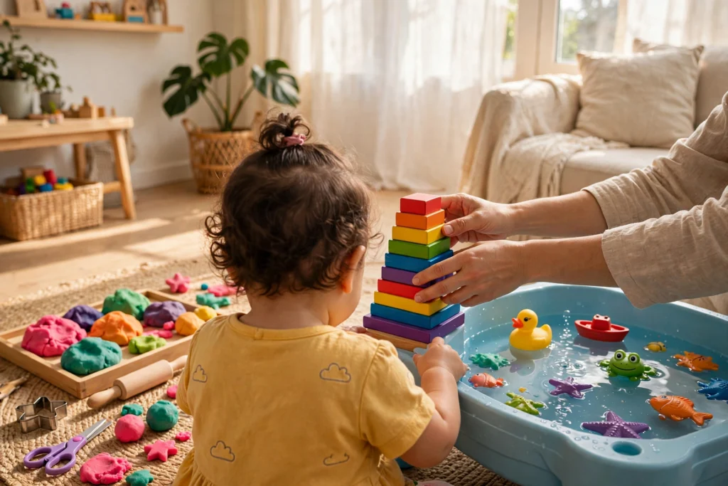 Parent and toddler doing fun sensory play activities together