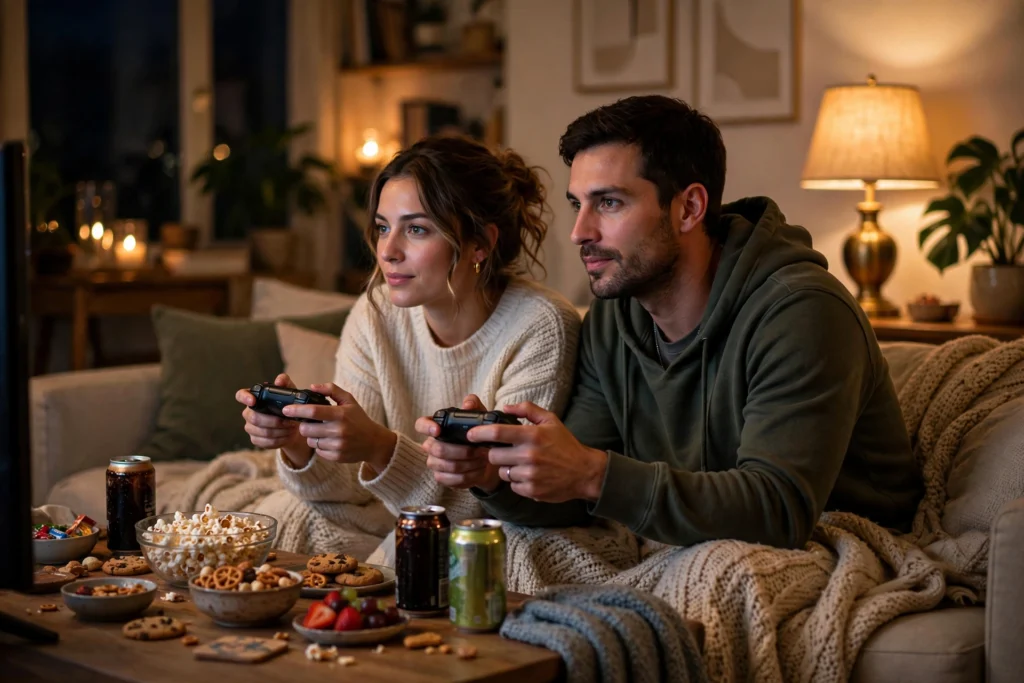 Couple playing video games together on date night