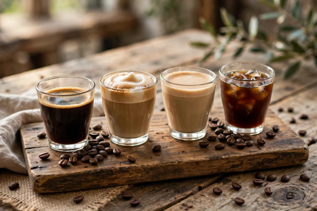 Coffee flight of four small tasting cups on a wooden tray