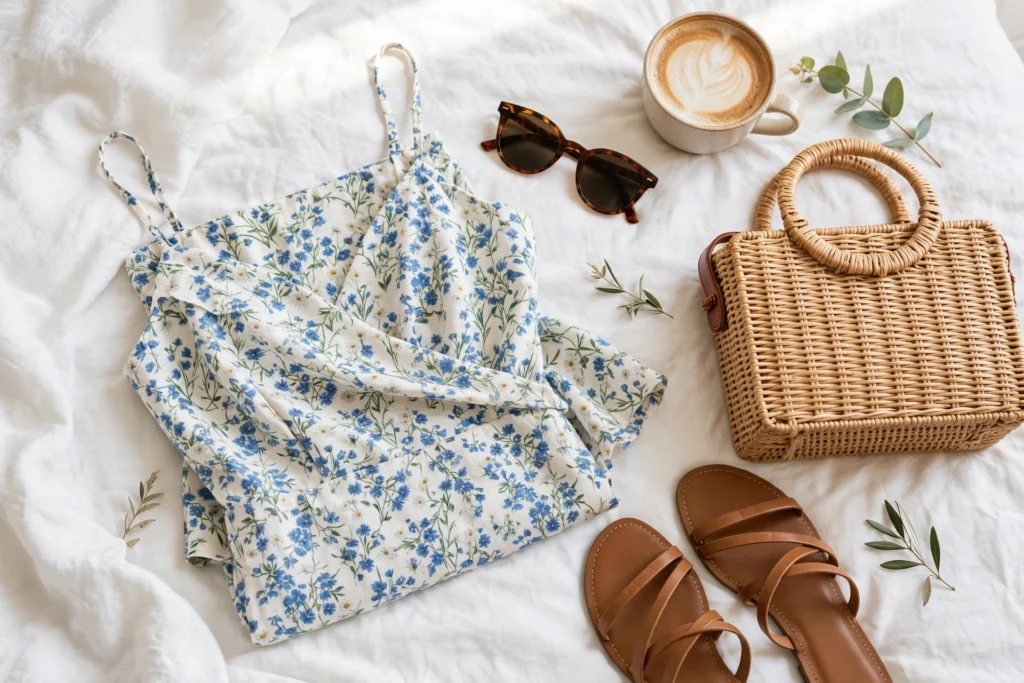 Brunch outfit flat lay with dress and accessories