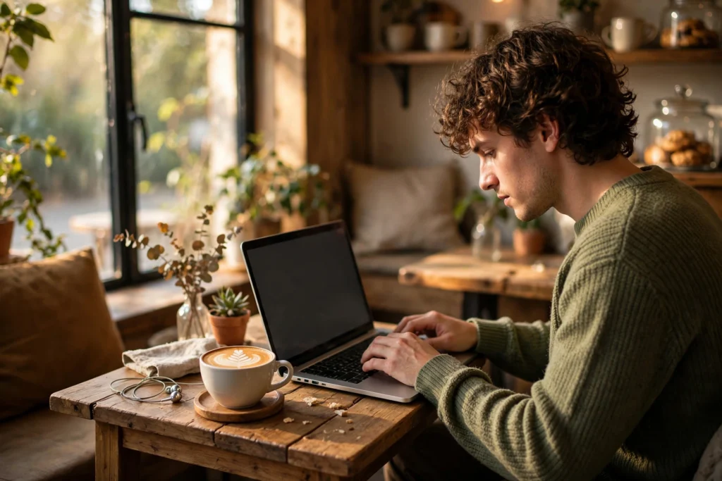 Freelancer working on a laptop in a cozy coffee shop