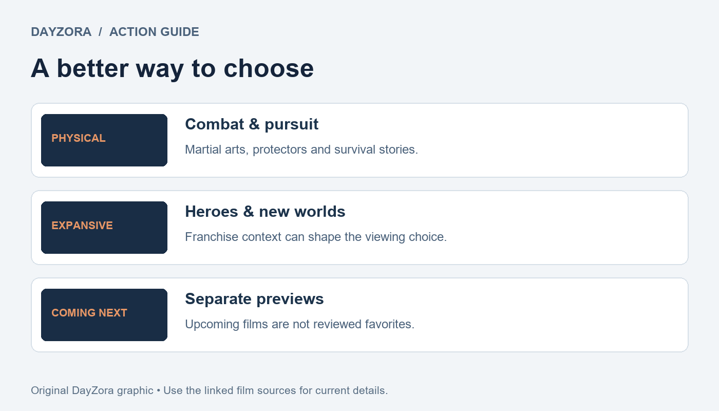 DayZora Action movies decision guide: release status, audience and viewing access
