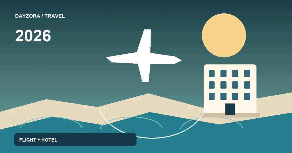 Airplane and hotel illustration joined by a curved travel route.